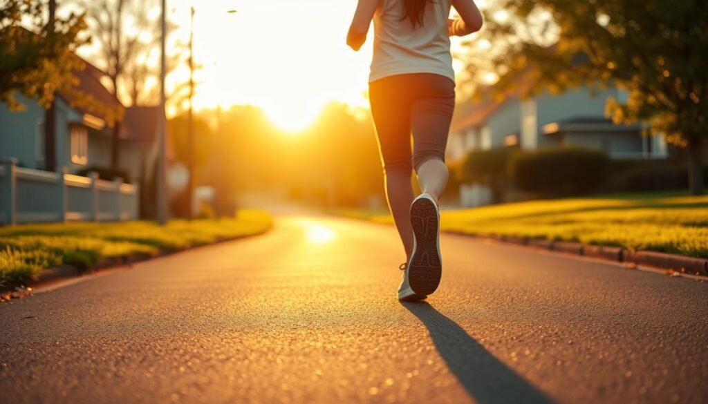 A serene morning landscape, with the warm golden hues of sunrise casting a soft glow across a tranquil suburban street. In the foreground, a person strolls leisurely, their steps in sync with the gentle rhythm of the day. The scene evokes a sense of balance and mindfulness, as the daily routine is infused with the rejuvenating power of natural light. The composition captures the harmony between the individual's movement and the enveloping ambiance, a visual representation of the integration of morning light and daily exercise. Crisp, high-resolution details enhance the realism, inviting the viewer to step into this moment of peaceful equilibrium.