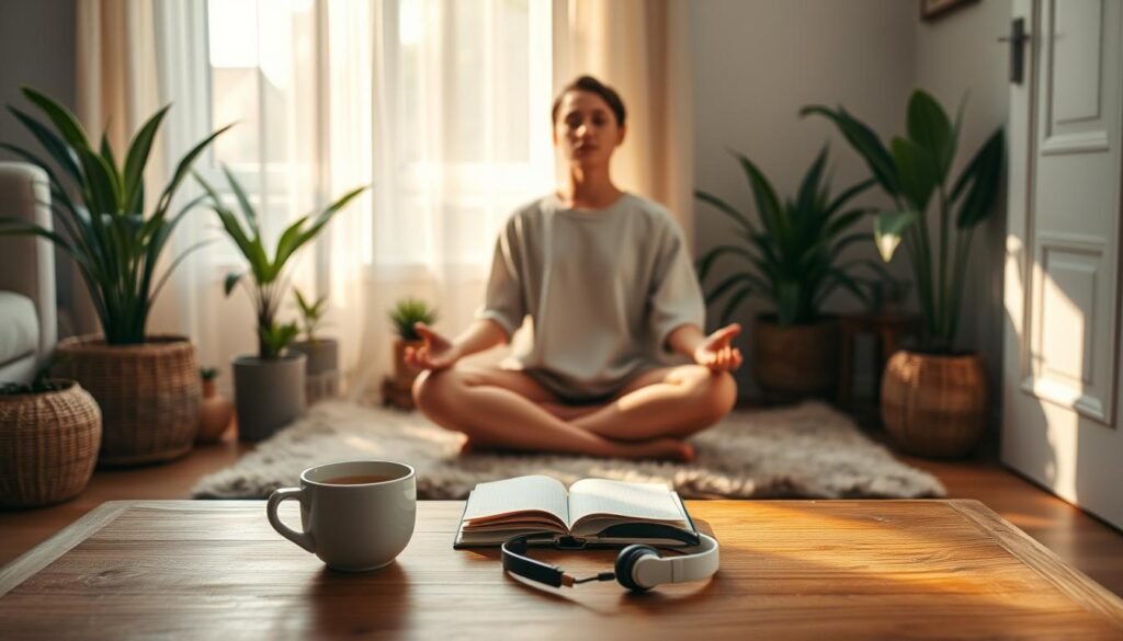 A serene morning routine unfolds in a cozy, sun-dappled living space. A person sits cross-legged on a plush rug, eyes closed in meditation, surrounded by potted plants and natural textures. Soft ambient lighting filters through sheer curtains, casting a warm, peaceful glow. In the foreground, a simple wooden table holds a cup of steaming tea, a journal, and a pair of noise-cancelling headphones, hinting at mindful practices. The overall scene evokes a sense of grounded tranquility, reflecting the intentional building of a daily ritual.