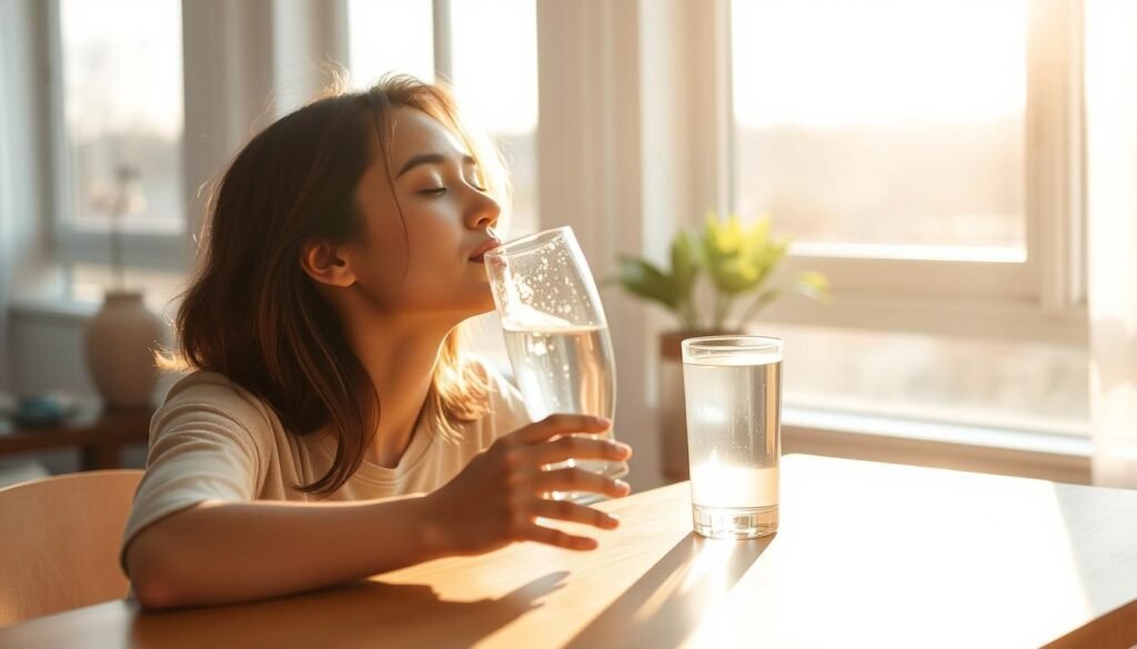 A serene morning scene of a person drinking a glass of refreshing water in a peaceful, sunlit setting. The early morning light filters softly through large windows, casting a warm glow on the person's face as they take a sip, their eyes closed in quiet contentment. The glass of water sits on a simple wooden table, surrounded by a minimal, minimalist decor that evokes a sense of calm and simplicity. The overall atmosphere is one of tranquility and a gentle start to the day, capturing the essence of the "First Step: Drinking Water Upon Waking" section of the morning routine article.