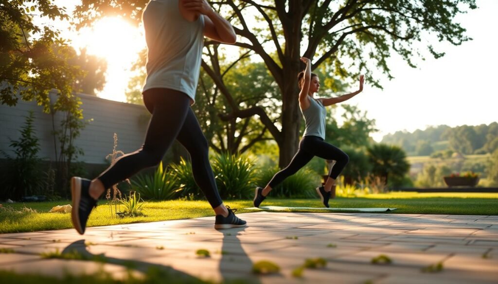A serene morning scene of a person performing a series of dynamic exercises in a peaceful outdoor setting. The foreground depicts a person mid-stride in a lunge, their body poised with focused intent. The middle ground shows the person transitioning into a yoga pose, their limbs gracefully extended. The background reveals a tranquil garden landscape, with lush greenery, a clear sky, and soft natural lighting illuminating the scene. The overall atmosphere evokes a sense of rejuvenation, as the person embraces the energy of the morning through their morning workout routine. A serene morning scene of a person performing a series of dynamic exercises in a peaceful outdoor setting. The foreground depicts a person mid-stride in a lunge, their body poised with focused intent. The middle ground shows the person transitioning into a yoga pose, their limbs gracefully extended. The background reveals a tranquil garden landscape, with lush greenery, a clear sky, and soft natural lighting illuminating the scene. The overall atmosphere evokes a sense of rejuvenation, as the person embraces the energy of the morning through their morning workout routine.