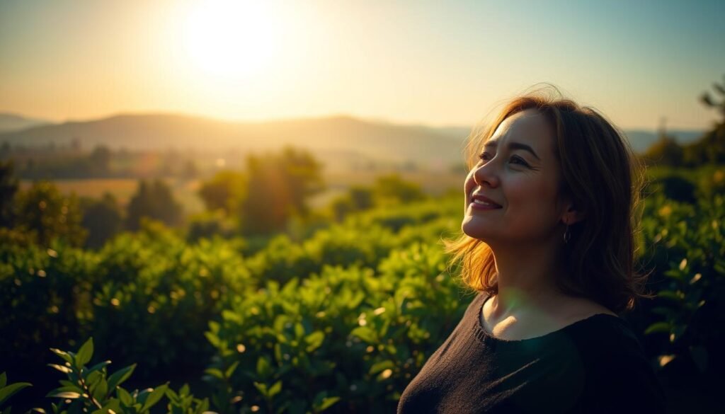 A serene morning scene with a person standing in a lush, verdant garden, basking in the warm glow of the rising sun. Soft, diffused lighting illuminates the scene, creating a sense of tranquility and rejuvenation. The person's face is radiant, reflecting the benefits of early morning sunlight on their health and well-being. In the background, a picturesque landscape unfolds, with rolling hills and a clear blue sky. The overall composition conveys a sense of harmony, balance, and the restorative power of natural light. A serene morning scene with a person standing in a lush, verdant garden, basking in the warm glow of the rising sun. Soft, diffused lighting illuminates the scene, creating a sense of tranquility and rejuvenation. The person's face is radiant, reflecting the benefits of early morning sunlight on their health and well-being. In the background, a picturesque landscape unfolds, with rolling hills and a clear blue sky. The overall composition conveys a sense of harmony, balance, and the restorative power of natural light.