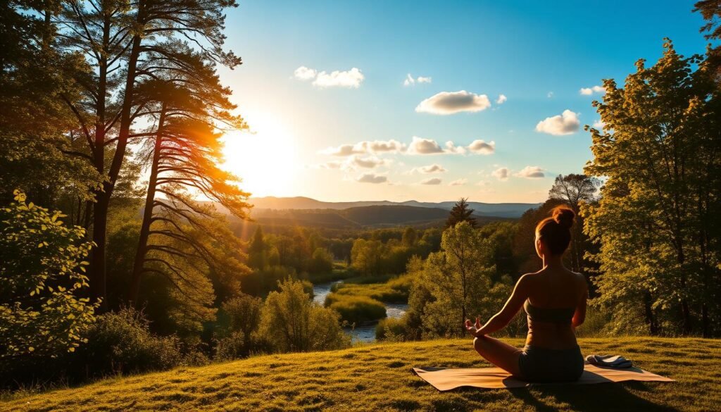 A serene natural landscape bathed in warm, golden sunlight. In the foreground, a person peacefully meditating on a yoga mat, their silhouette silhouetted against the vibrant foliage. In the middle ground, a lush forest with towering trees and a gently flowing stream. In the background, rolling hills and a clear blue sky, dotted with fluffy white clouds. The scene exudes a sense of tranquility and connection with the natural world, inviting the viewer to experience the benefits of regular sun and nature exposure.