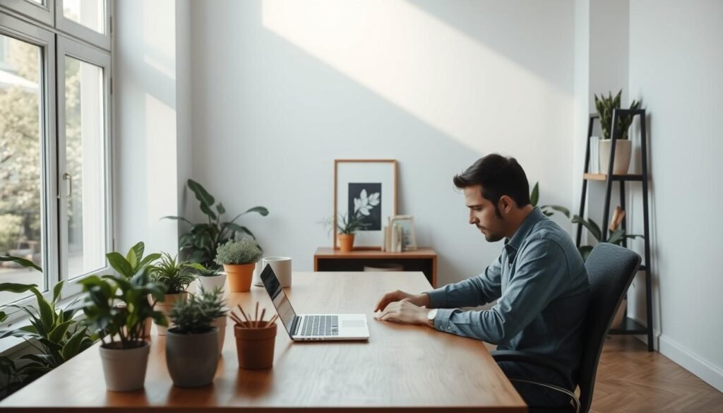 A serene office environment, filled with natural light streaming through large windows. In the foreground, a wooden desk with a focused individual engrossed in their work, their face illuminated by the soft glow of a laptop screen. Surrounding the desk, potted plants and a few carefully chosen decorative elements create a sense of calm and productivity. In the middle ground, a bookshelf with well-worn volumes and a framed piece of artwork adds depth and character to the scene. The background features a minimalist wall design, with clean lines and neutral tones that complement the overall aesthetic. The lighting is soft and diffused, creating a serene atmosphere that encourages deep concentration and a sense of flow. The overall impression is one of a space designed to enhance focus, productivity, and the benefits of a 25-minute routine.