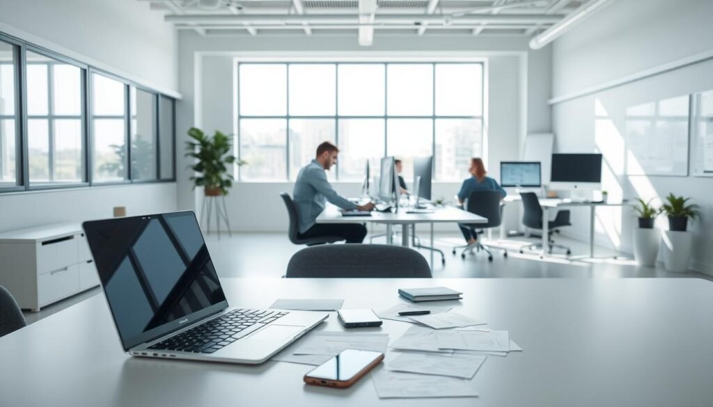 A serene office environment with clean lines and minimalist design. In the foreground, a desk with a laptop, smartphone, and notes scattered across its surface, representing the various tasks and communication channels of an asynchronous workflow. The middle ground features colleagues working independently yet collaboratively, their screens and whiteboards visible, showcasing the distributed nature of the process. The background depicts an abundance of natural light streaming in through large windows, symbolizing the flexibility and adaptability of the async approach. The overall mood is one of focus, productivity, and a harmonious balance between individual and team efforts.