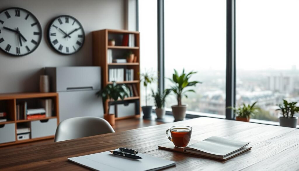 A serene office environment with varied time periods represented - an analog clock, a digital display, and a sundial. Soft, diffused lighting filters through large windows, creating a contemplative atmosphere. In the foreground, a minimalist wooden desk with a notebook, pen, and a cup of tea. The middle ground features bookshelves and potted plants, while the background showcases a panoramic view of a tranquil cityscape. This scene evokes a sense of balance, focus, and the ability to manage one's time effectively, inspiring deep work in an open office setting.