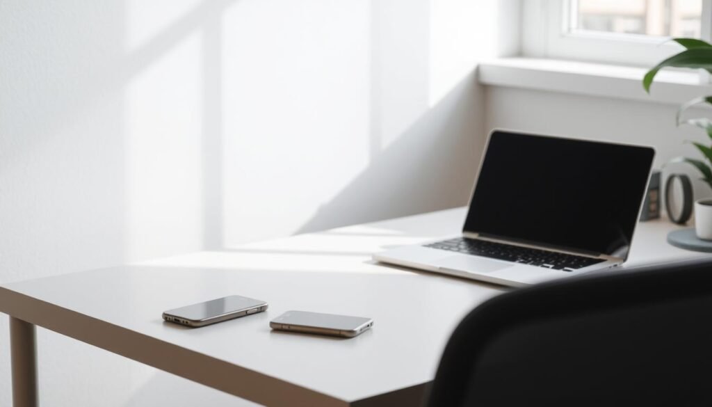 A serene office interior with a laptop, smartphone, and desk accessories against a muted color palette. Soft lighting from a nearby window creates gentle shadows and highlights the workspace. The arrangement suggests the balance between professional obligations and personal boundaries, with a sense of tranquility and control over digital communications after work hours.