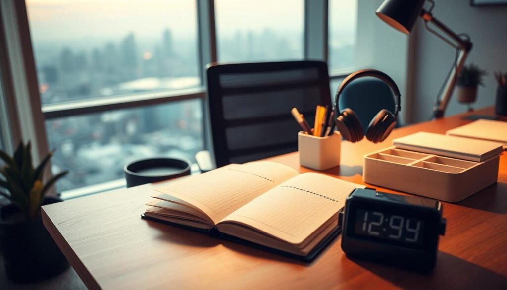 A serene office scene with a desk, chair, and various focus-enhancing tools meticulously arranged. The lighting is warm and gentle, creating a contemplative atmosphere. In the foreground, an open notebook, a pair of noise-cancelling headphones, and a digital timer stand out, symbolizing the tools for managing distractions and improving concentration. The middle ground features a minimalist desk organizer with compartments for pens, sticky notes, and other essential items. In the background, a large window overlooking a tranquil cityscape provides a calming view, inspiring the viewer to find the right focus-boosting tools for their needs.