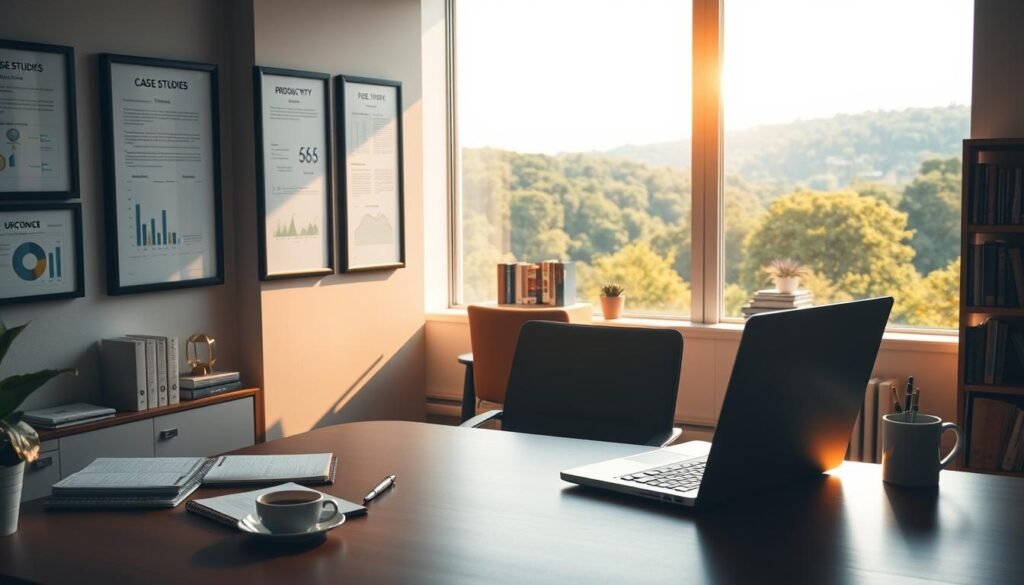 A serene office setting, bathed in warm natural light filtering through large windows. In the foreground, a neatly organized desk with a laptop, notebook, and a cup of coffee. Framed case studies and productivity charts adorn the walls, subtly highlighting the deep work practices of the occupant. The middle ground features a comfortable chair and a small bookshelf filled with relevant literature. In the background, a tranquil view of a lush, verdant landscape, creating a sense of focus and inspiration. The overall atmosphere is one of professional dedication and intellectual engagement, perfectly suited for the "Deep Work in Practice: Case Studies" section of the article. A serene office setting, bathed in warm natural light filtering through large windows. In the foreground, a neatly organized desk with a laptop, notebook, and a cup of coffee. Framed case studies and productivity charts adorn the walls, subtly highlighting the deep work practices of the occupant. The middle ground features a comfortable chair and a small bookshelf filled with relevant literature. In the background, a tranquil view of a lush, verdant landscape, creating a sense of focus and inspiration. The overall atmosphere is one of professional dedication and intellectual engagement, perfectly suited for the "Deep Work in Practice: Case Studies" section of the article.