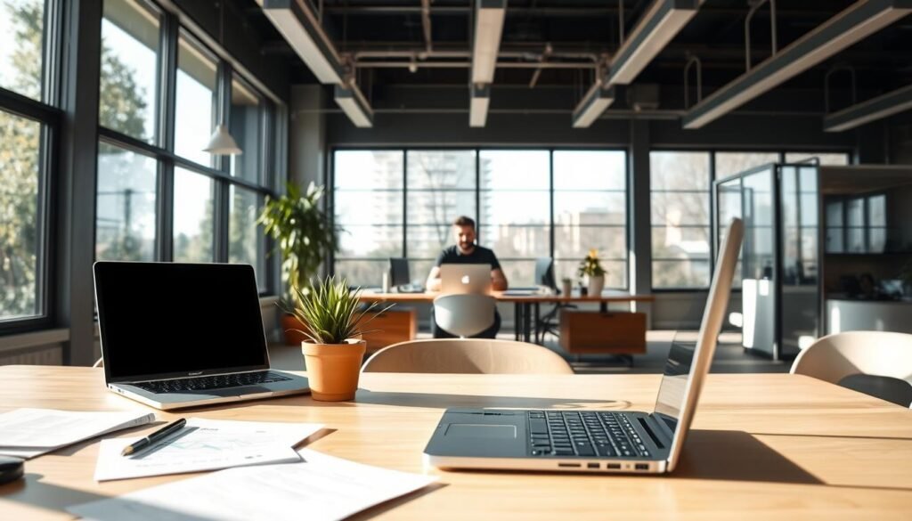 A serene office setting with a hybrid workspace setup. The foreground features a desk with a laptop, paperwork, and a potted plant, suggesting a balance of digital and physical work. In the middle ground, an employee is engaged in a video call, representing the remote aspect of the hybrid model. The background showcases large windows allowing natural light to flood the space, creating a bright and airy atmosphere. The scene conveys a sense of productivity, comfort, and flexibility, capturing the benefits of the hybrid work approach.