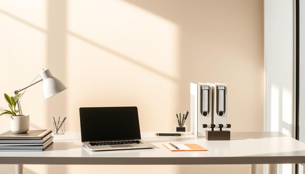 A serene office setting with a neatly organized desk, showcasing the principles of account management. The desk features a minimalist design with a laptop, a well-labeled filing system, and a sleek desktop organizer. Warm, natural lighting illuminates the scene, creating a sense of focus and productivity. The background features a clean, muted color palette, allowing the desk and its organized elements to take center stage. The overall composition conveys a sense of efficiency, attention to detail, and a well-structured approach to account management.
