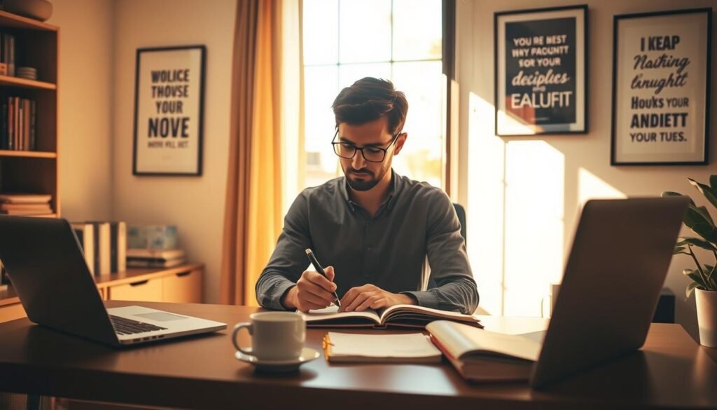 A serene office setting, with a person sitting at a desk, deeply engaged in thought. The desk is neatly organized, with a laptop, a cup of coffee, and a journal open. Warm, natural lighting filters through the window, casting a soft glow on the scene. In the middle ground, the person is carefully rewriting their notes, their expression reflecting a sense of focus and determination. In the background, inspirational artwork or motivational quotes adorn the walls, creating a space that encourages introspection and positive transformation. The overall atmosphere is one of quiet contemplation, where the process of "rephrasing" negative thoughts into actionable steps is palpable.
