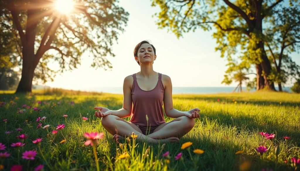 A serene outdoor scene of a person sitting cross-legged on a lush green meadow, surrounded by vibrant wildflowers. Sunlight filters through the trees, casting a warm, golden glow. The subject's eyes are closed, their expression peaceful and contemplative, as they take a much-needed break from the constant digital distractions of modern life. In the background, a distant horizon line blends seamlessly with a clear, azure sky. The overall atmosphere evokes a sense of tranquility, mindfulness, and a rejuvenating digital detox.