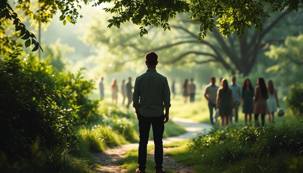 A serene outdoor scene with a central figure standing amidst a lush, verdant landscape. Soft, diffused natural lighting filters through the foliage, creating a tranquil atmosphere. The figure, facing away from the viewer, is silhouetted against the background, symbolizing the act of turning away from comparisons. The middle ground features a path winding through the scene, representing the journey of self-acceptance. In the background, blurred shapes of diverse people are visible, conveying the idea of letting go of the need to compare oneself to others. The overall composition and mood evoke a sense of inner peace and mindfulness.