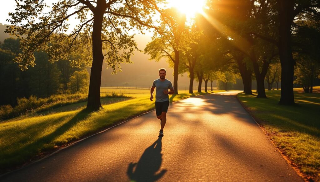 A serene outdoor scene with a person walking briskly on a tree-lined path, their silhouette casting a long shadow. The scene is bathed in warm, golden sunlight, with a gentle breeze rustling the leaves. In the background, a lush, verdant landscape unfolds, accentuating the sense of tranquility and the rejuvenating effects of physical activity. The composition emphasizes the connection between the individual's movement and the natural environment, conveying the idea of burning calories through a mindful, immersive outdoor experience. A serene outdoor scene with a person walking briskly on a tree-lined path, their silhouette casting a long shadow. The scene is bathed in warm, golden sunlight, with a gentle breeze rustling the leaves. In the background, a lush, verdant landscape unfolds, accentuating the sense of tranquility and the rejuvenating effects of physical activity. The composition emphasizes the connection between the individual's movement and the natural environment, conveying the idea of burning calories through a mindful, immersive outdoor experience.