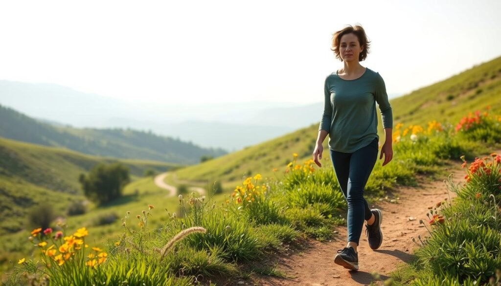 A serene outdoor scene with a person walking mindfully through a lush, verdant landscape. The foreground features the person in a tranquil stride, their expression calm and focused. The middle ground showcases a peaceful path winding through gently rolling hills, dotted with vibrant wildflowers. The background is a panoramic view of a distant, hazy mountain range bathed in soft, diffused sunlight. The overall atmosphere conveys a sense of harmony, introspection, and the overcoming of common challenges through a meditative approach to walking. A serene outdoor scene with a person walking mindfully through a lush, verdant landscape. The foreground features the person in a tranquil stride, their expression calm and focused. The middle ground showcases a peaceful path winding through gently rolling hills, dotted with vibrant wildflowers. The background is a panoramic view of a distant, hazy mountain range bathed in soft, diffused sunlight. The overall atmosphere conveys a sense of harmony, introspection, and the overcoming of common challenges through a meditative approach to walking.