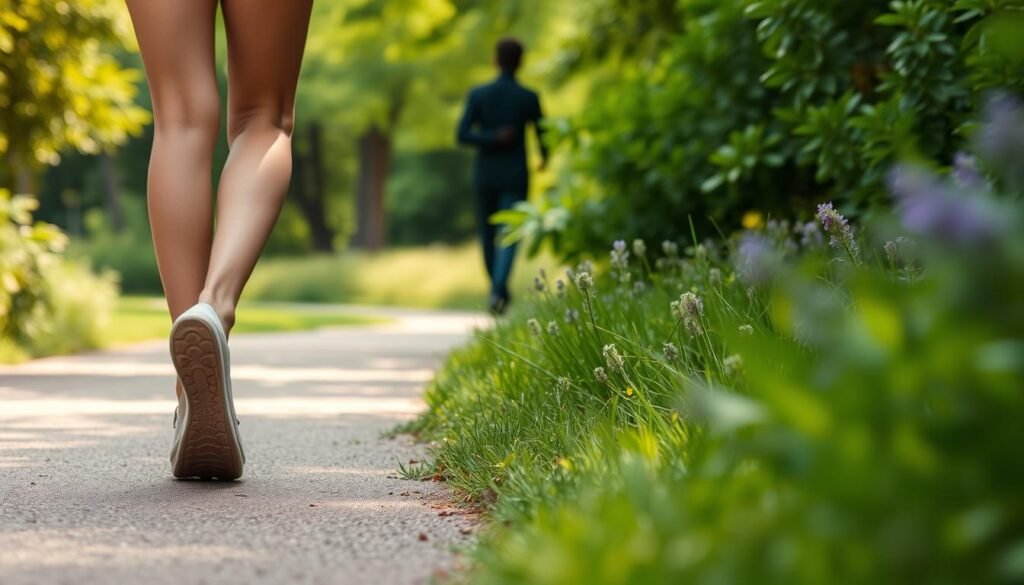 A serene outdoor scene with a person walking on a peaceful path, surrounded by lush greenery. The foreground features the person's legs and feet, showcasing the natural movement of the daily walk. The middle ground captures the person's silhouette against a backdrop of vibrant foliage, highlighting the connection between walking and skin health. The background blends soft, diffused lighting with a calming color palette, creating an atmosphere of tranquility and well-being. The overall composition emphasizes the harmonious relationship between physical activity and skin vitality. A serene outdoor scene with a person walking on a peaceful path, surrounded by lush greenery. The foreground features the person's legs and feet, showcasing the natural movement of the daily walk. The middle ground captures the person's silhouette against a backdrop of vibrant foliage, highlighting the connection between walking and skin health. The background blends soft, diffused lighting with a calming color palette, creating an atmosphere of tranquility and well-being. The overall composition emphasizes the harmonious relationship between physical activity and skin vitality.