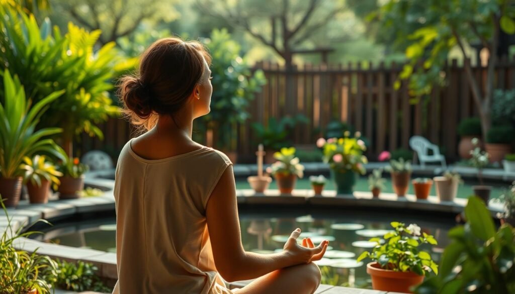 A serene, peaceful garden scene with lush greenery and a tranquil pond. In the foreground, a person is seated in a meditative pose, eyes closed, deeply immersed in self-reflection. Soft, warm lighting illuminates the scene, creating a calming atmosphere. The middle ground features various potted plants and flowers, symbolizing emotional well-being and growth. In the background, a wooden fence and a few trees add depth and a sense of privacy, suggesting a secluded, safe space for emotional exploration. The overall composition conveys a feeling of inner harmony, balance, and emotional fitness. A serene, peaceful garden scene with lush greenery and a tranquil pond. In the foreground, a person is seated in a meditative pose, eyes closed, deeply immersed in self-reflection. Soft, warm lighting illuminates the scene, creating a calming atmosphere. The middle ground features various potted plants and flowers, symbolizing emotional well-being and growth. In the background, a wooden fence and a few trees add depth and a sense of privacy, suggesting a secluded, safe space for emotional exploration. The overall composition conveys a feeling of inner harmony, balance, and emotional fitness.