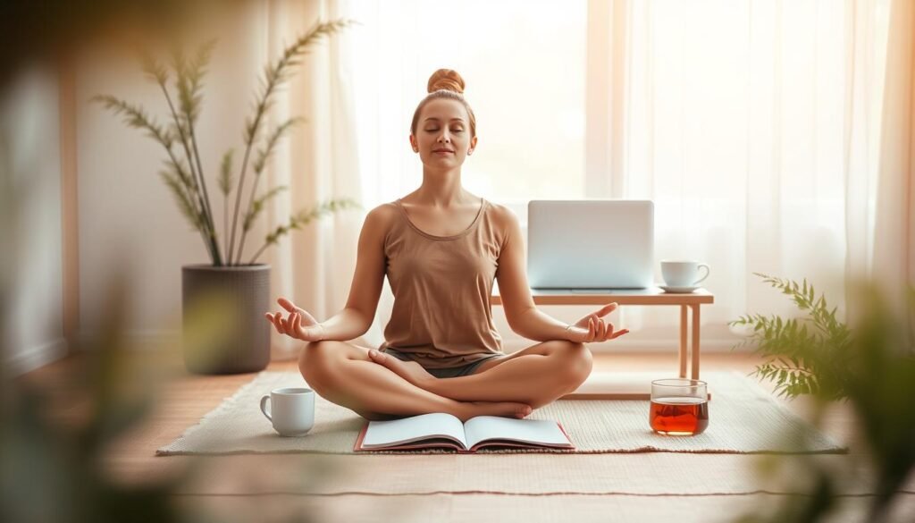 A serene, peaceful scene depicting a person in a meditative pose, surrounded by natural elements that symbolize mindfulness and daily routine. The foreground shows the person sitting cross-legged, eyes closed, hands resting on their lap, exuding a sense of calm and focus. The middle ground features a simplistic, minimalist workspace with a laptop, notebook, and a cup of tea, representing the integration of mindfulness into daily activities. The background showcases a warm, diffused lighting, perhaps from a window, with soft, blurred greenery and natural textures, creating a harmonious and grounding atmosphere. The overall composition conveys a sense of balance, tranquility, and the effortless blending of mindfulness into everyday life. A serene, peaceful scene depicting a person in a meditative pose, surrounded by natural elements that symbolize mindfulness and daily routine. The foreground shows the person sitting cross-legged, eyes closed, hands resting on their lap, exuding a sense of calm and focus. The middle ground features a simplistic, minimalist workspace with a laptop, notebook, and a cup of tea, representing the integration of mindfulness into daily activities. The background showcases a warm, diffused lighting, perhaps from a window, with soft, blurred greenery and natural textures, creating a harmonious and grounding atmosphere. The overall composition conveys a sense of balance, tranquility, and the effortless blending of mindfulness into everyday life.