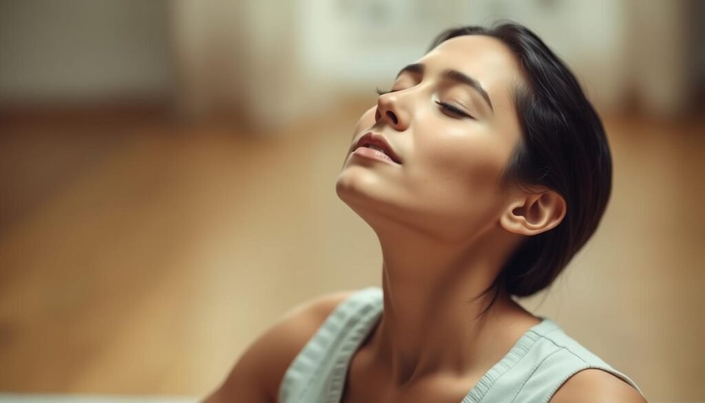 A serene portrait of a person performing alternate nostril breathing (Anuloma Viloma Pranayama). The subject is seated in a comfortable meditative pose, their eyes closed and face calm. Soft, diffused lighting illuminates their features, casting gentle shadows. The background is blurred, creating a sense of tranquility and focus. The image emphasizes the simplicity and grace of this ancient yogic breathing technique, inviting the viewer to experience its benefits of balanced, rhythmic inhalation and exhalation through the nostrils. A serene portrait of a person performing alternate nostril breathing (Anuloma Viloma Pranayama). The subject is seated in a comfortable meditative pose, their eyes closed and face calm. Soft, diffused lighting illuminates their features, casting gentle shadows. The background is blurred, creating a sense of tranquility and focus. The image emphasizes the simplicity and grace of this ancient yogic breathing technique, inviting the viewer to experience its benefits of balanced, rhythmic inhalation and exhalation through the nostrils.