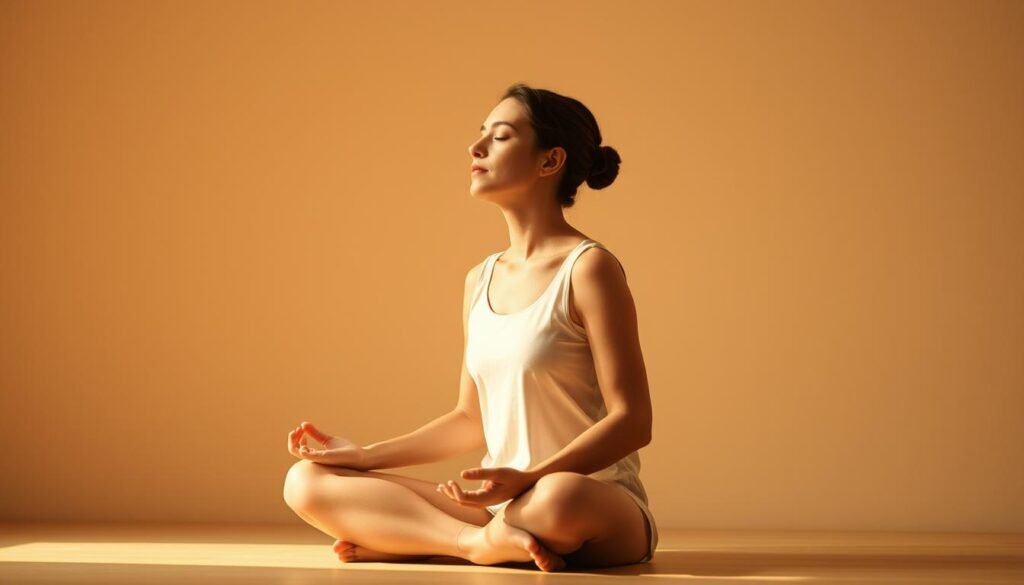 A serene, softly-lit scene of a person sitting cross-legged, deeply focused on their breath. The figure's face is in profile, eyes closed, as they gently inhale through their nose and exhale through their mouth in a rhythmic, calming pattern. The background is a muted, neutral palette, creating a sense of tranquility and balance. Warm, natural lighting casts a gentle glow, highlighting the person's calm expression and the rise and fall of their shoulders with each breath. The composition is harmonious, with the subject positioned centrally, creating a sense of balance and inner peace.