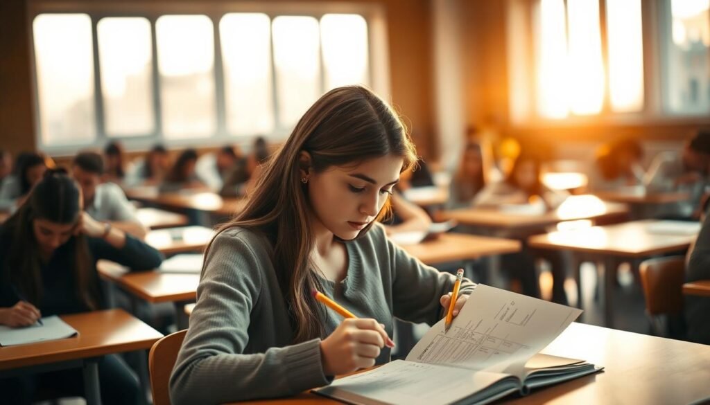 A serene study hall with students deeply focused on their exams. In the foreground, a young woman pensively gazes at her test paper, pencil in hand. Rows of desks stretch into the middle ground, each occupied by a student bent over their work. Warm, soft lighting filters in from large windows, casting a contemplative atmosphere. The background is subtly blurred, hinting at the importance of the moment. Precise angles, clean lines, and a restrained color palette evoke a sense of order and determination. This image captures the intensity and concentration of the examination experience. A serene study hall with students deeply focused on their exams. In the foreground, a young woman pensively gazes at her test paper, pencil in hand. Rows of desks stretch into the middle ground, each occupied by a student bent over their work. Warm, soft lighting filters in from large windows, casting a contemplative atmosphere. The background is subtly blurred, hinting at the importance of the moment. Precise angles, clean lines, and a restrained color palette evoke a sense of order and determination. This image captures the intensity and concentration of the examination experience.