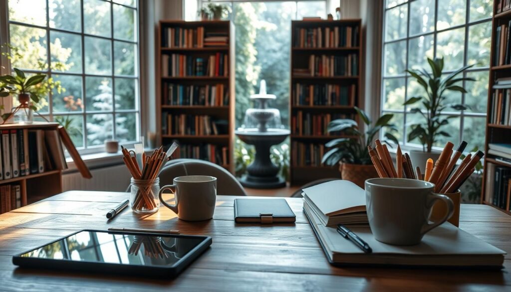 A serene study space, filled with natural light and various tactile objects to stimulate the mind. In the foreground, a wooden desk with an assortment of stationery, a tablet, and a cup of steaming tea. Bookshelves line the middle ground, their spines beckoning exploration. In the background, a large window overlooks a tranquil garden, where lush greenery and a babbling fountain invite contemplation. The overall mood is one of focused yet relaxed concentration, encouraging the viewer to engage in continuous learning and mental stimulation. A serene study space, filled with natural light and various tactile objects to stimulate the mind. In the foreground, a wooden desk with an assortment of stationery, a tablet, and a cup of steaming tea. Bookshelves line the middle ground, their spines beckoning exploration. In the background, a large window overlooks a tranquil garden, where lush greenery and a babbling fountain invite contemplation. The overall mood is one of focused yet relaxed concentration, encouraging the viewer to engage in continuous learning and mental stimulation.