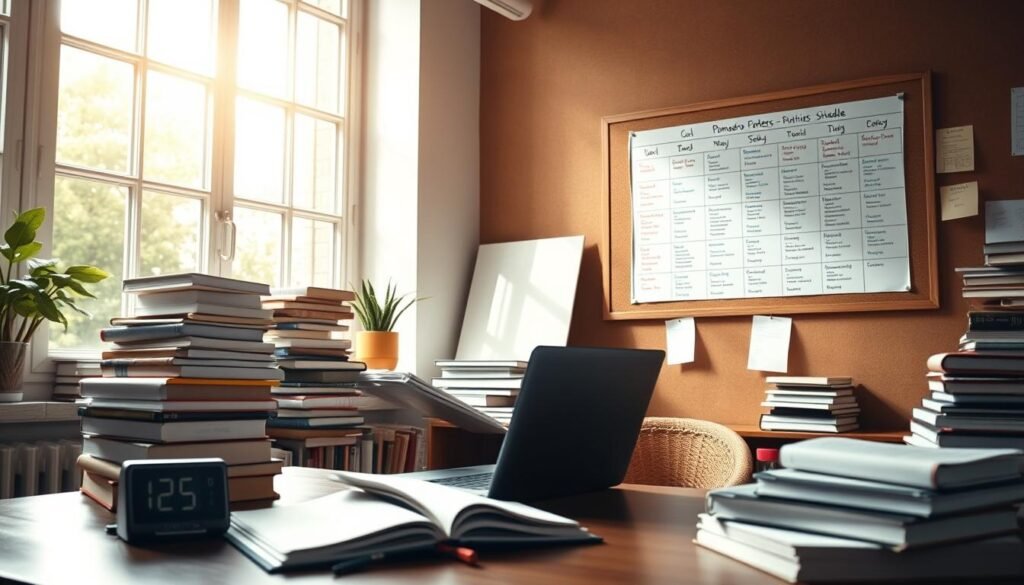 A serene study space filled with stacks of books, a laptop, and a timer on the desk. Soft natural light filters through large windows, creating a warm, focused atmosphere. In the foreground, a student intently reviews notes, applying the Pomodoro technique - alternating between intense study and short breaks. In the background, a corkboard displays a detailed Pomodoro schedule, color-coded to optimize productivity. The scene radiates a sense of discipline, organization, and academic mastery. A serene study space filled with stacks of books, a laptop, and a timer on the desk. Soft natural light filters through large windows, creating a warm, focused atmosphere. In the foreground, a student intently reviews notes, applying the Pomodoro technique - alternating between intense study and short breaks. In the background, a corkboard displays a detailed Pomodoro schedule, color-coded to optimize productivity. The scene radiates a sense of discipline, organization, and academic mastery.