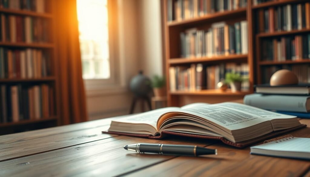 A serene study space with an open book, a pen, and a notebook on a wooden desk. Warm, natural lighting filters through a window, casting a cozy glow. In the background, a bookshelf filled with volumes, hinting at the wealth of knowledge waiting to be explored. The scene conveys the benefits of immersive reading and thoughtful note-taking: intellectual growth, expanded perspectives, and the joy of learning. The overall atmosphere is one of focus, contemplation, and the promise of discovery.