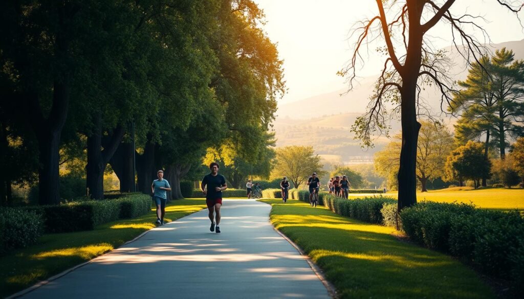 A serene, sun-dappled park pathway, lined with lush greenery and towering trees. In the foreground, a person strides confidently, their posture and stride exuding a sense of vitality and purpose. The mid-ground features joggers, cyclists, and other pedestrians engaged in various physical activities, each harnessing the restorative power of the outdoors. The background showcases a picturesque landscape, with rolling hills and a distant horizon, all illuminated by warm, natural lighting that casts a gentle glow. The overall scene conveys the idea of maximizing the physical, mental, and emotional benefits of a daily walking routine in a tranquil, rejuvenating environment. A serene, sun-dappled park pathway, lined with lush greenery and towering trees. In the foreground, a person strides confidently, their posture and stride exuding a sense of vitality and purpose. The mid-ground features joggers, cyclists, and other pedestrians engaged in various physical activities, each harnessing the restorative power of the outdoors. The background showcases a picturesque landscape, with rolling hills and a distant horizon, all illuminated by warm, natural lighting that casts a gentle glow. The overall scene conveys the idea of maximizing the physical, mental, and emotional benefits of a daily walking routine in a tranquil, rejuvenating environment.