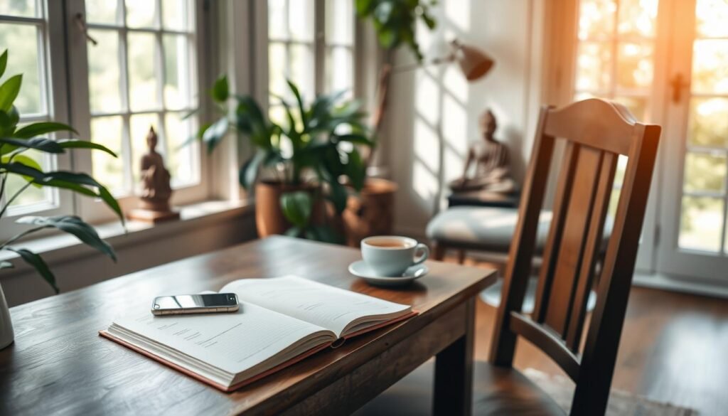 A serene, sun-dappled study with a wooden desk and chair, surrounded by lush greenery. On the desk, a smartphone and a mindfulness journal lie open, along with a cup of herbal tea, conveying a sense of focus and tranquility. Soft, diffused lighting filters in through large windows, creating a warm, inviting atmosphere. In the background, a meditation cushion and a small Buddha statue suggest a space dedicated to personal growth and reflection. The overall scene evokes a peaceful, contemplative mood, perfectly encapsulating the idea of building a consistent mindfulness habit. A serene, sun-dappled study with a wooden desk and chair, surrounded by lush greenery. On the desk, a smartphone and a mindfulness journal lie open, along with a cup of herbal tea, conveying a sense of focus and tranquility. Soft, diffused lighting filters in through large windows, creating a warm, inviting atmosphere. In the background, a meditation cushion and a small Buddha statue suggest a space dedicated to personal growth and reflection. The overall scene evokes a peaceful, contemplative mood, perfectly encapsulating the idea of building a consistent mindfulness habit.