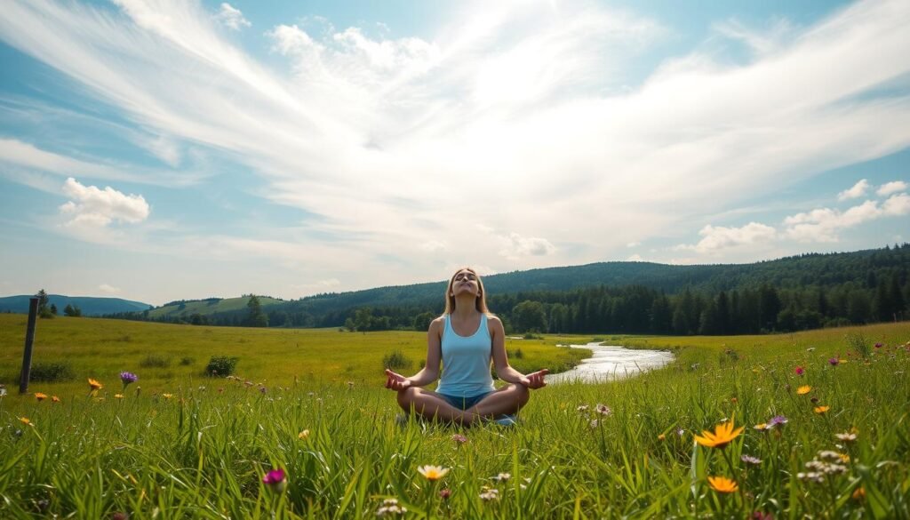A serene, sun-drenched meadow with lush green grass and vibrant wildflowers. In the foreground, a person sitting cross-legged, eyes closed, hands resting on their knees, embodying a state of deep relaxation and tranquility. Surrounding them, wispy clouds drift overhead, casting a soft, diffused light that bathes the scene in a calming glow. In the middle ground, a gently flowing stream reflects the azure sky, its soothing sounds adding to the peaceful ambiance. In the distance, rolling hills and a verdant forest create a sense of openness and connection to nature. The overall mood is one of mindfulness, rejuvenation, and the mental health benefits of disconnecting from the digital world.
