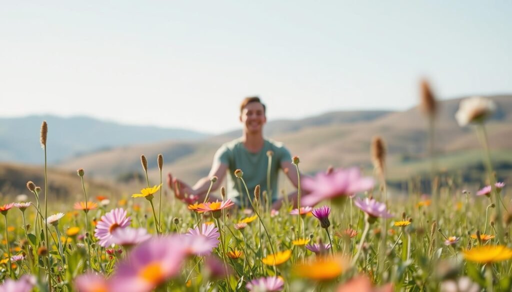 A serene, sun-lit meadow with vibrant wildflowers in the foreground. In the middle ground, a person sitting in a thoughtful, meditative pose, their face radiating a sense of calm and inner peace. The background features rolling hills and a clear, azure sky, creating a tranquil and rejuvenating atmosphere. Soft, diffused lighting gently illuminates the scene, emphasizing the soothing tones and textures. The overall composition evokes a feeling of mental clarity, well-being, and a renewed connection with nature.