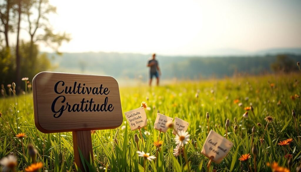A serene, sunlit field of lush green grass and wildflowers, with a wooden plaque standing in the foreground, adorned with the words "Cultivate Gratitude" carved in an elegant script. In the middle ground, a cluster of handwritten gratitude prompts on parchment-like paper are scattered, their words catching the warm rays of the sun. The background features a distant, hazy forest, creating a sense of tranquility and contemplation. The image is captured with a soft, cinematic lens, using natural lighting to evoke a mood of mindfulness and appreciation.