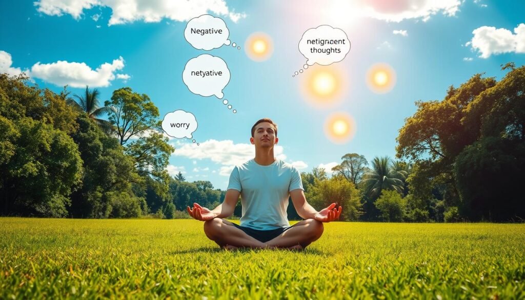 A serene, sunlit landscape with lush greenery and a vibrant blue sky. In the foreground, a person sits cross-legged, deep in contemplation, their face radiating a sense of calm and clarity. Floating around them are abstract thought bubbles, each containing a negative thought or worry. With a graceful yet determined gesture, the person reaches out and transforms these bubbles into warm, glowing orbs of positive energy, symbolizing the process of reframing negative thoughts into constructive ones. The overall composition conveys a sense of personal growth, inner peace, and the power of mindful introspection. A serene, sunlit landscape with lush greenery and a vibrant blue sky. In the foreground, a person sits cross-legged, deep in contemplation, their face radiating a sense of calm and clarity. Floating around them are abstract thought bubbles, each containing a negative thought or worry. With a graceful yet determined gesture, the person reaches out and transforms these bubbles into warm, glowing orbs of positive energy, symbolizing the process of reframing negative thoughts into constructive ones. The overall composition conveys a sense of personal growth, inner peace, and the power of mindful introspection.