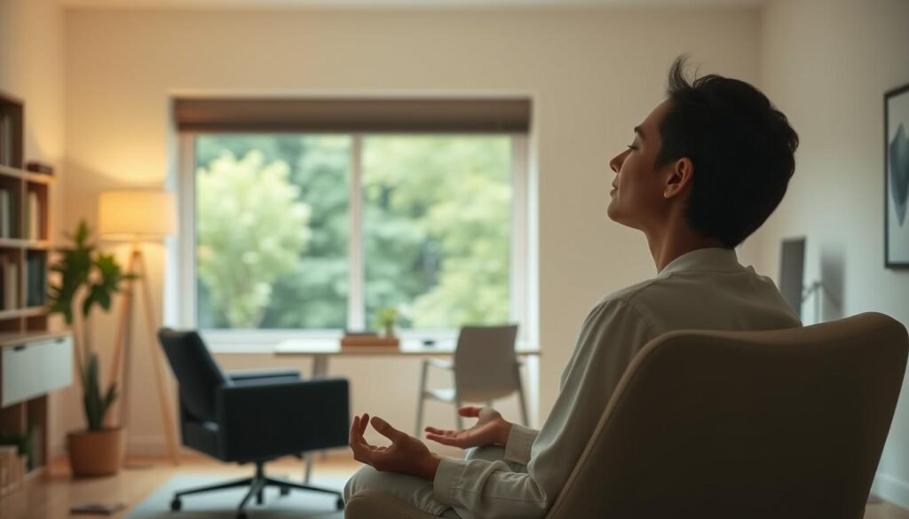 A serene, tranquil scene of a person finding balance between work and personal life. In the foreground, a person sitting in a comfortable chair, eyes closed, meditating or practicing mindfulness. The background depicts a cozy, minimalist home office, with a large window offering a calming view of a lush, green garden. Soft, warm lighting bathes the scene, creating a sense of peace and relaxation. The overall atmosphere conveys a harmonious equilibrium between professional duties and personal well-being.