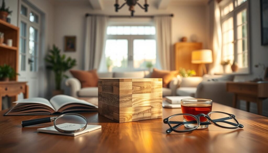 A serene, well-lit home interior, with a wooden 4x4x4x4 puzzle box resting on a sturdy wooden table. The box is subtly glowing, its surfaces reflecting the warm, natural light from nearby windows. Surrounding the box are various objects that symbolize the benefits of solving this puzzle, such as a magnifying glass, a book, a pair of eyeglasses, and a cup of tea. The overall atmosphere is one of focus, contemplation, and a sense of personal growth and discovery. A serene, well-lit home interior, with a wooden 4x4x4x4 puzzle box resting on a sturdy wooden table. The box is subtly glowing, its surfaces reflecting the warm, natural light from nearby windows. Surrounding the box are various objects that symbolize the benefits of solving this puzzle, such as a magnifying glass, a book, a pair of eyeglasses, and a cup of tea. The overall atmosphere is one of focus, contemplation, and a sense of personal growth and discovery.