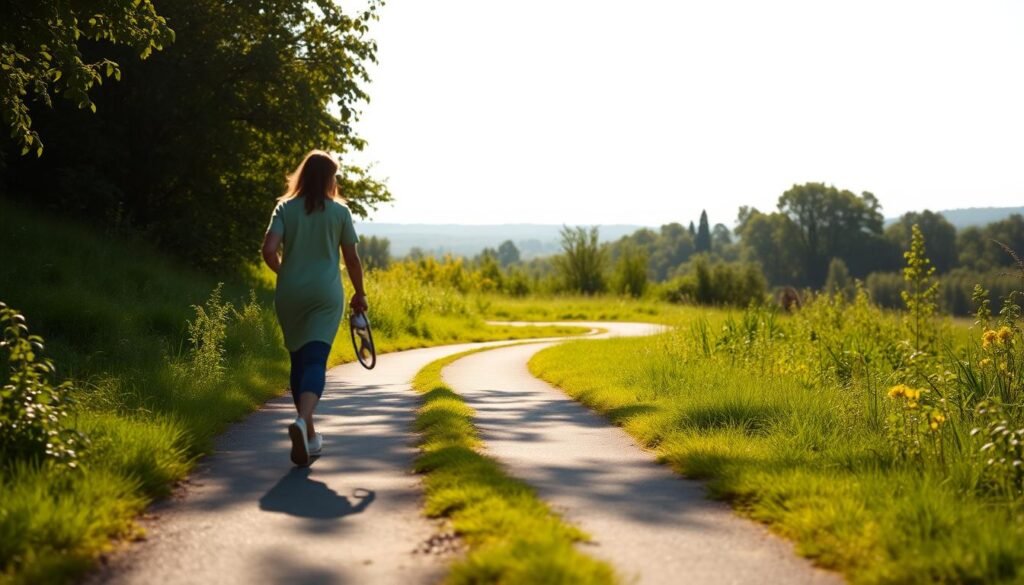 A serene, well-lit path winding through a verdant, sun-dappled landscape. In the foreground, a person strolling at a leisurely pace, their stride steady and confident. The middle ground features lush, vibrant foliage and trees, creating a sense of natural harmony. In the background, a distant horizon, hazy and indistinct, suggesting a tranquil, calming atmosphere. The lighting is soft and natural, with gentle shadows and highlights accentuating the scene's peaceful ambiance. The overall composition conveys a sense of sustainable, long-term walking habits, encouraging the viewer to embrace a healthier, more balanced lifestyle. A serene, well-lit path winding through a verdant, sun-dappled landscape. In the foreground, a person strolling at a leisurely pace, their stride steady and confident. The middle ground features lush, vibrant foliage and trees, creating a sense of natural harmony. In the background, a distant horizon, hazy and indistinct, suggesting a tranquil, calming atmosphere. The lighting is soft and natural, with gentle shadows and highlights accentuating the scene's peaceful ambiance. The overall composition conveys a sense of sustainable, long-term walking habits, encouraging the viewer to embrace a healthier, more balanced lifestyle.