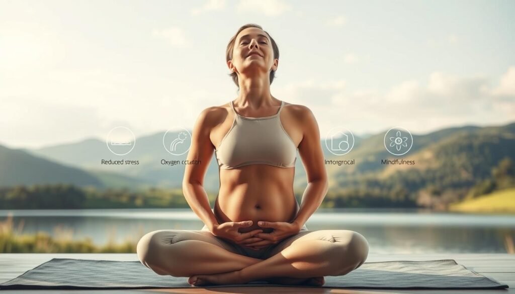 A serene, well-lit scene depicting the benefits of diaphragmatic breathing. In the foreground, a person sits cross-legged, their abdomen gently rising and falling as they inhale and exhale deeply. Soft, diffused lighting illuminates their face, which is marked by a sense of calm and focus. In the middle ground, a series of icons or symbols representing the physiological and psychological benefits of belly breathing, such as reduced stress, improved oxygen circulation, and enhanced mindfulness. The background features a soothing, nature-inspired landscape, with rolling hills, lush greenery, and a tranquil body of water reflecting the sky above. The overall atmosphere is one of serenity, balance, and the restorative power of conscious, diaphragmatic breathing. A serene, well-lit scene depicting the benefits of diaphragmatic breathing. In the foreground, a person sits cross-legged, their abdomen gently rising and falling as they inhale and exhale deeply. Soft, diffused lighting illuminates their face, which is marked by a sense of calm and focus. In the middle ground, a series of icons or symbols representing the physiological and psychological benefits of belly breathing, such as reduced stress, improved oxygen circulation, and enhanced mindfulness. The background features a soothing, nature-inspired landscape, with rolling hills, lush greenery, and a tranquil body of water reflecting the sky above. The overall atmosphere is one of serenity, balance, and the restorative power of conscious, diaphragmatic breathing.