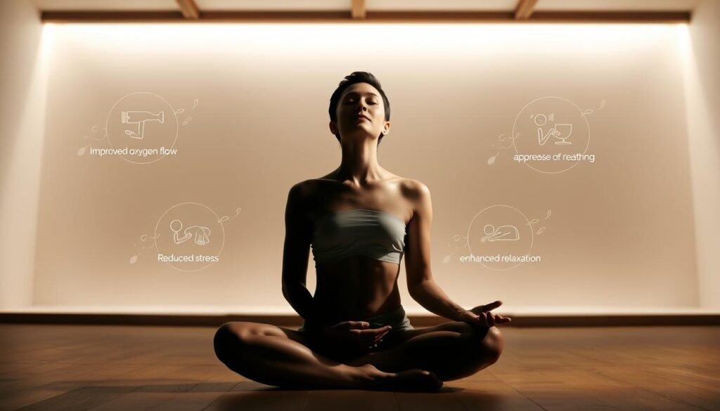A serene, well-lit studio setting with a calm, natural atmosphere. In the foreground, a person sits in a lotus position, their hands resting gently on their knees, eyes closed in deep contemplation. Soft, diffuse lighting from above and to the side illuminates the scene, casting subtle shadows that accentuate the subject's peaceful expression. In the middle ground, floating around the person, are delicate, wispy illustrations depicting the benefits of diaphragmatic breathing, such as improved oxygen flow, reduced stress, and enhanced relaxation. The background features a minimalist, earthy-toned backdrop, creating a sense of tranquility and focus on the central figure and the highlighted breathing techniques. A serene, well-lit studio setting with a calm, natural atmosphere. In the foreground, a person sits in a lotus position, their hands resting gently on their knees, eyes closed in deep contemplation. Soft, diffuse lighting from above and to the side illuminates the scene, casting subtle shadows that accentuate the subject's peaceful expression. In the middle ground, floating around the person, are delicate, wispy illustrations depicting the benefits of diaphragmatic breathing, such as improved oxygen flow, reduced stress, and enhanced relaxation. The background features a minimalist, earthy-toned backdrop, creating a sense of tranquility and focus on the central figure and the highlighted breathing techniques.