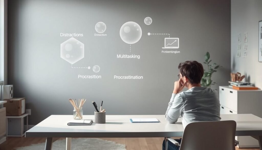 A serene workspace with a focused individual navigating common productivity challenges. In the foreground, a person sits at a clean, minimalist desk, deep in thought, surrounded by simple organizational tools. The middle ground features a visualization of common issues like distractions, multitasking, and procrastination, represented by abstract, ethereal shapes. The background conveys a calming, ambient atmosphere with soft lighting and muted, earthy tones, suggesting strategies to overcome these obstacles. The scene evokes a sense of clarity, determination, and a methodical approach to enhancing focus and productivity.
