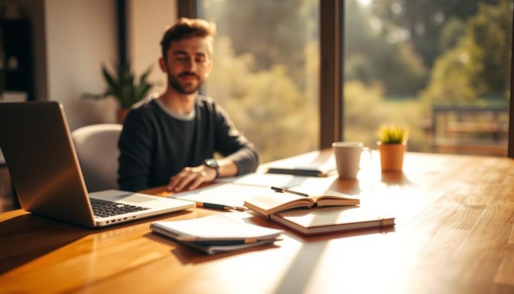A serene workspace with a laptop, pen, and notebook on a wooden desk, bathed in warm, natural lighting from a large window. A potted plant and a cup of coffee or tea nearby, symbolizing productivity and mindfulness. In the foreground, a person sitting at the desk, their expression calm and focused, radiating a sense of self-forgiveness and inner peace. The background is blurred, creating a sense of tranquility and zen-like atmosphere, encouraging the viewer to reflect on the journey of personal growth and overcoming procrastination. A serene workspace with a laptop, pen, and notebook on a wooden desk, bathed in warm, natural lighting from a large window. A potted plant and a cup of coffee or tea nearby, symbolizing productivity and mindfulness. In the foreground, a person sitting at the desk, their expression calm and focused, radiating a sense of self-forgiveness and inner peace. The background is blurred, creating a sense of tranquility and zen-like atmosphere, encouraging the viewer to reflect on the journey of personal growth and overcoming procrastination.