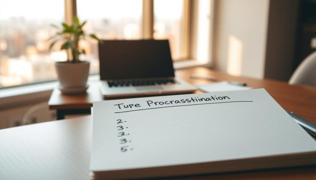 A serene workspace with a minimalist desk, a potted plant, and a laptop. Warm, natural lighting fills the room, creating a calming atmosphere. In the foreground, a series of simple, hand-drawn steps on a notepad outline a practical approach to overcoming procrastination. The background features a soft, blurred cityscape visible through a window, suggesting a sense of tranquility and focus. The entire scene conveys a methodical, step-by-step process for addressing the challenges of procrastination.