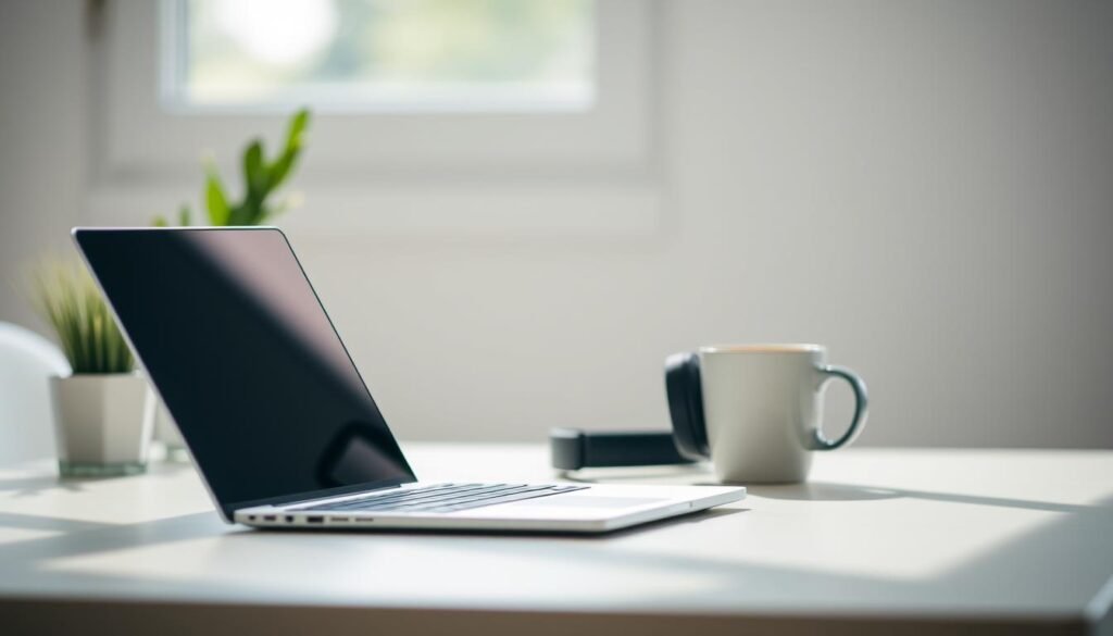 A serene workspace with minimalist decor, showcasing a sleek laptop, a pair of noise-canceling headphones, and a cup of hot beverage, all positioned in natural lighting. The scene exudes a sense of focus and productivity, hinting at the power of dedicated applications to enhance concentration and mental clarity. The background blurs softly, drawing the viewer's attention to the essential tools for an uninterrupted, distraction-free workflow.