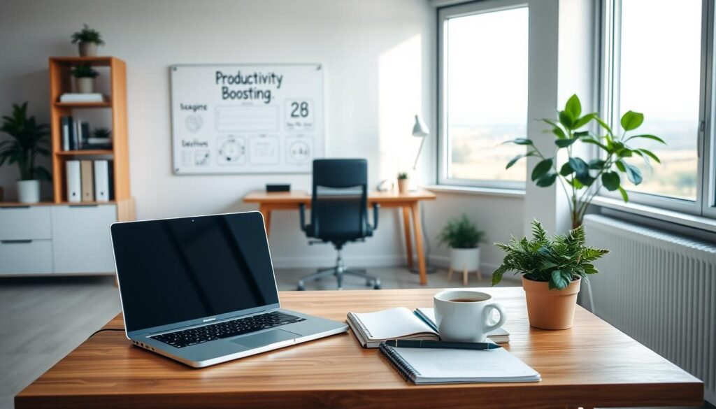 A serene workspace with minimalist furniture, natural lighting, and a focused, organized atmosphere. In the foreground, a laptop and notebook symbolize asynchronous work, with a coffee mug and potted plant adding a touch of productivity. The middle ground features a whiteboard or wall display, showcasing productivity-boosting techniques and strategies. In the background, a window overlooks a peaceful landscape, conveying a sense of calm and focus. The overall scene evokes a harmonious, distraction-free environment conducive to effective asynchronous work.