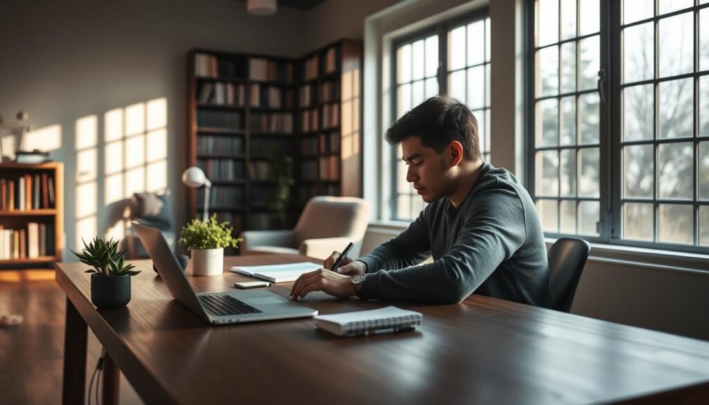 A serene workspace with natural light streaming through large windows, illuminating a focused individual deeply immersed in their work. In the foreground, a wooden desk is adorned with a sleek laptop, a well-organized array of writing implements, and a potted plant adding a touch of greenery. The middle ground features a cozy armchair positioned nearby, hinting at the importance of rest and rejuvenation. In the background, bookshelves line the walls, symbolizing the accumulation of knowledge and the pursuit of long-term success. The atmosphere is one of calm concentration, with muted tones and a sense of timelessness, conveying the power of deep work to unlock lasting achievements. A serene workspace with natural light streaming through large windows, illuminating a focused individual deeply immersed in their work. In the foreground, a wooden desk is adorned with a sleek laptop, a well-organized array of writing implements, and a potted plant adding a touch of greenery. The middle ground features a cozy armchair positioned nearby, hinting at the importance of rest and rejuvenation. In the background, bookshelves line the walls, symbolizing the accumulation of knowledge and the pursuit of long-term success. The atmosphere is one of calm concentration, with muted tones and a sense of timelessness, conveying the power of deep work to unlock lasting achievements.