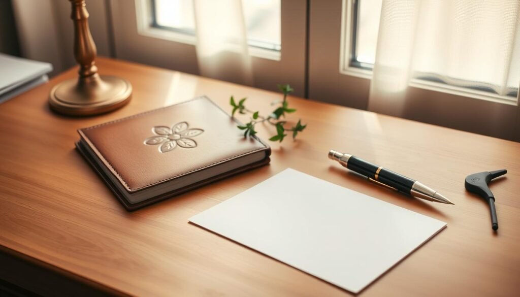 A simple yet elegant desk, adorned with a beautiful leather-bound journal, a fountain pen, and a sprig of fresh greenery. Warm, natural lighting filters through the window, casting a cozy glow. The journal's cover features a debossed floral pattern, inviting the viewer to open its pages and begin their journey of gratitude. Atop the desk, a single sheet of paper waits to be filled with heartfelt reflections, each word a testament to the blessings that enrich one's life. The scene exudes a sense of tranquility and mindfulness, encouraging the viewer to slow down, pause, and cultivate a daily practice of appreciation. A simple yet elegant desk, adorned with a beautiful leather-bound journal, a fountain pen, and a sprig of fresh greenery. Warm, natural lighting filters through the window, casting a cozy glow. The journal's cover features a debossed floral pattern, inviting the viewer to open its pages and begin their journey of gratitude. Atop the desk, a single sheet of paper waits to be filled with heartfelt reflections, each word a testament to the blessings that enrich one's life. The scene exudes a sense of tranquility and mindfulness, encouraging the viewer to slow down, pause, and cultivate a daily practice of appreciation.