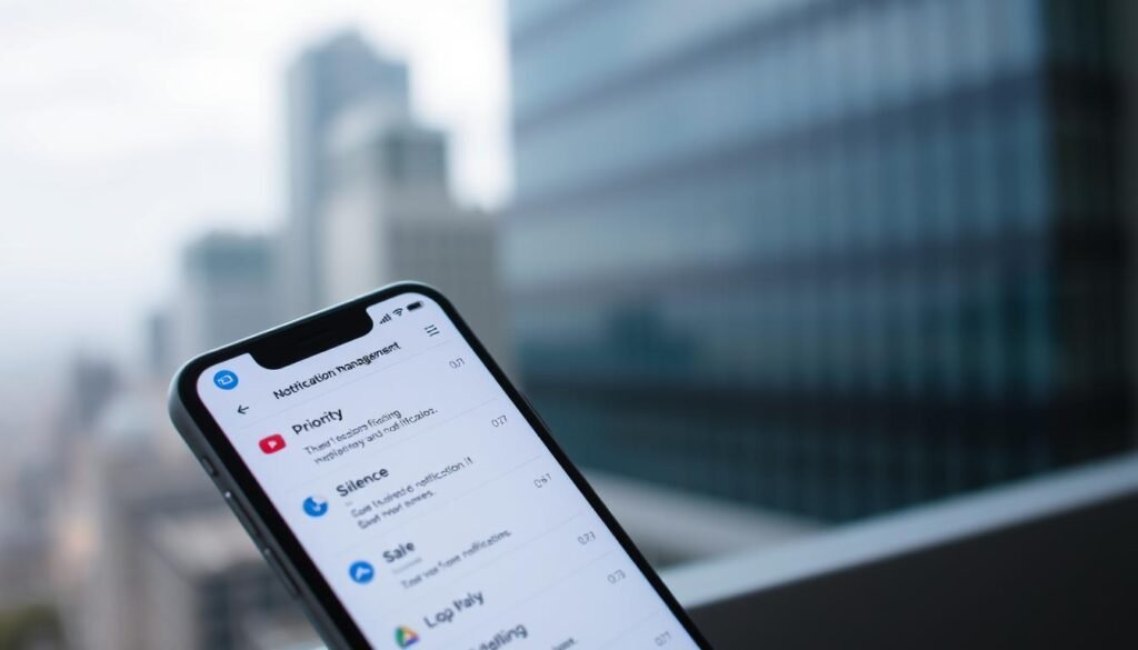 A sleek, minimalist mobile interface showcasing various notification management apps. In the foreground, a smartphone displays a clean, user-friendly dashboard with intuitive controls for prioritizing, silencing, and customizing notifications. The middle ground features subtle app icons and UI elements, conveying a sense of efficiency and organization. The background is a serene, blurred cityscape, hinting at the seamless integration of these apps into everyday digital life. Soft, diffused lighting creates a sense of balance and professionalism, while the composition emphasizes the centrality of the notification management experience.