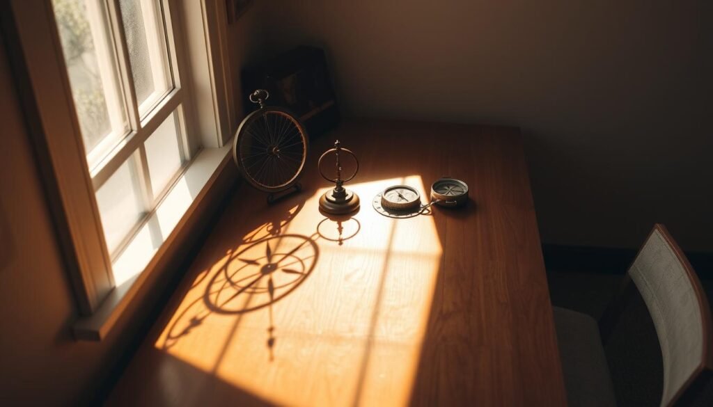 A study nook bathed in warm, natural light. On the desk, a collection of daylight tracking tools - a sun dial, a compass, and a sundial. The instruments cast intricate shadows on the wooden surface, creating a captivating interplay of light and form. The room's neutral tones and minimal decor allow the tools to take center stage, inviting the viewer to ponder the age-old practice of tracking the sun's movement. Soft, diffused lighting filters through a nearby window, imbuing the scene with a contemplative, meditative atmosphere. The arrangement suggests a thoughtful exploration of natural cycles and their impact on human wellbeing.