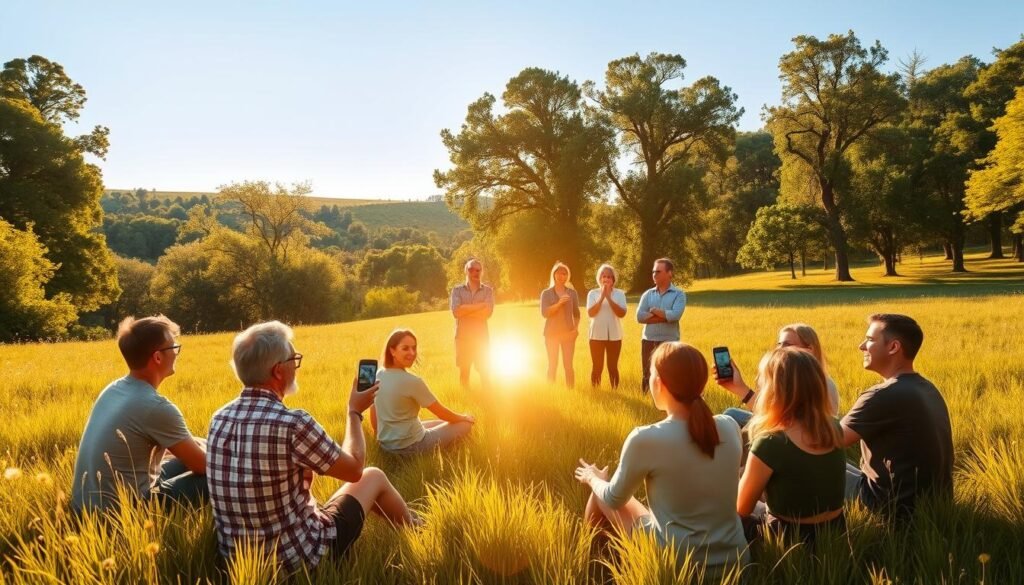 A sun-dappled meadow, where users of the sun tracking app gather to share their success stories. In the foreground, a group of people sit in a circle, gesturing animatedly as they recount their experiences with the app. The mid-ground features individuals standing, holding up their phones, expressions of joy and wonder. The background is a lush, verdant landscape, with towering trees and a clear blue sky. Warm, diffused lighting casts a golden glow, creating an atmosphere of positivity and enlightenment. The scene captures the sense of community and personal growth fostered by the sun tracking app.
