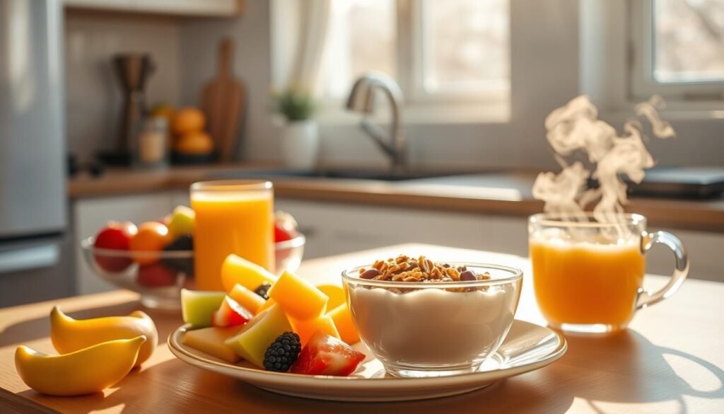 A sun-drenched kitchen counter showcases a healthy breakfast spread: a colorful plate of fresh fruit, a bowl of yogurt topped with granola, a glass of freshly squeezed orange juice, and a steaming mug of aromatic herbal tea. The lighting is warm and inviting, creating a sense of calm and mindfulness. The composition is balanced, with the food items arranged in an aesthetically pleasing manner, inviting the viewer to savor the nourishing and delightful meal. The overall mood is one of wellness, rejuvenation, and a positive start to the day. A sun-drenched kitchen counter showcases a healthy breakfast spread: a colorful plate of fresh fruit, a bowl of yogurt topped with granola, a glass of freshly squeezed orange juice, and a steaming mug of aromatic herbal tea. The lighting is warm and inviting, creating a sense of calm and mindfulness. The composition is balanced, with the food items arranged in an aesthetically pleasing manner, inviting the viewer to savor the nourishing and delightful meal. The overall mood is one of wellness, rejuvenation, and a positive start to the day.